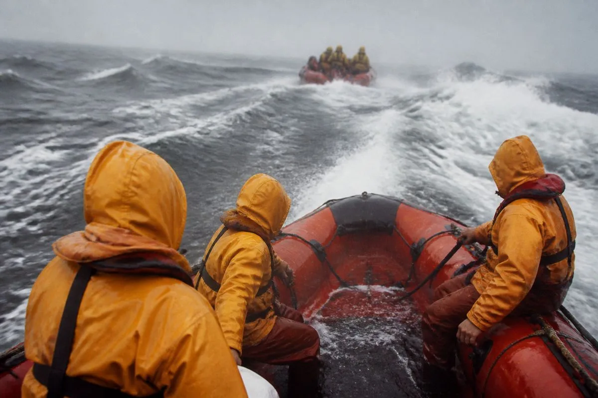 Rough seas with lifeboats battling strong winds and rain