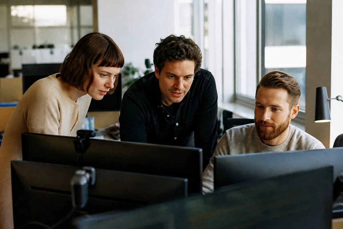 Tech professionals collaborating around multiple computer screens in an office