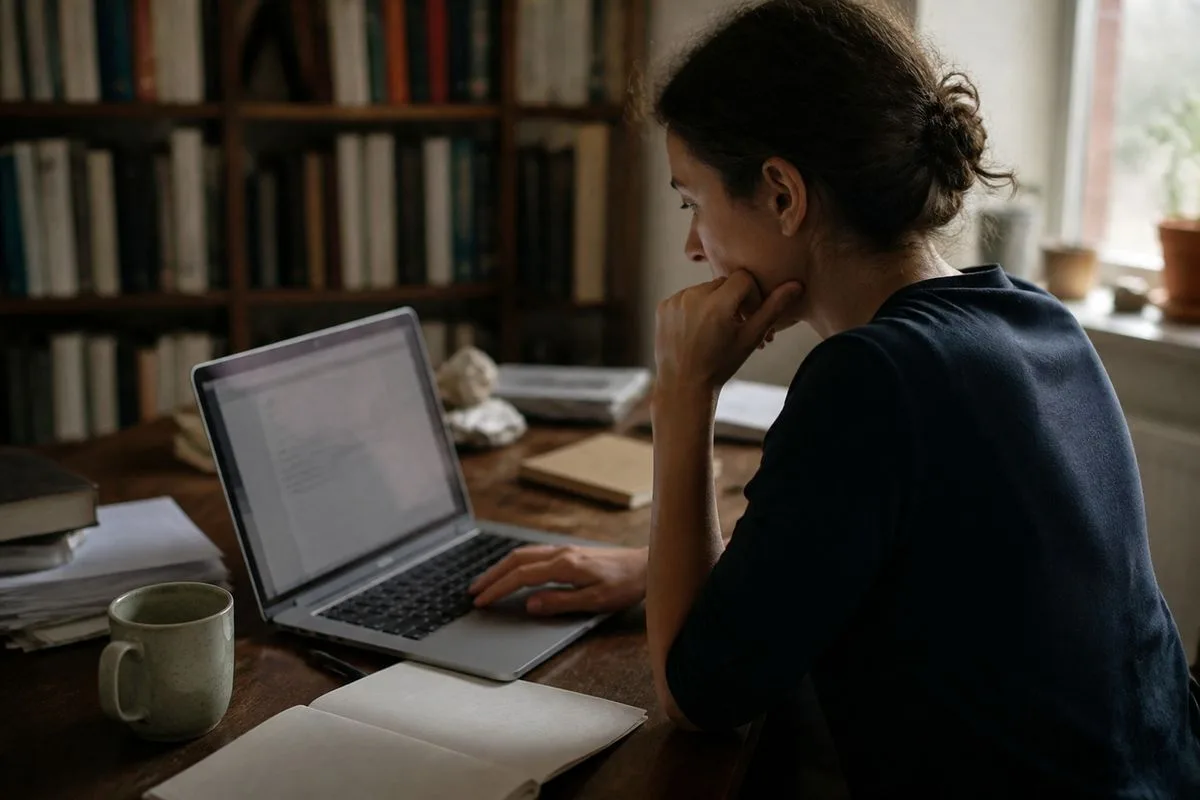 An author reviewing manuscript drafts on a laptop screen