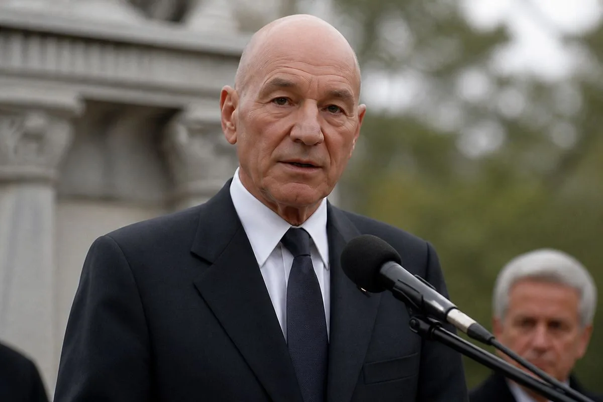 Patrick Stewart speaking at a memorial event outdoors