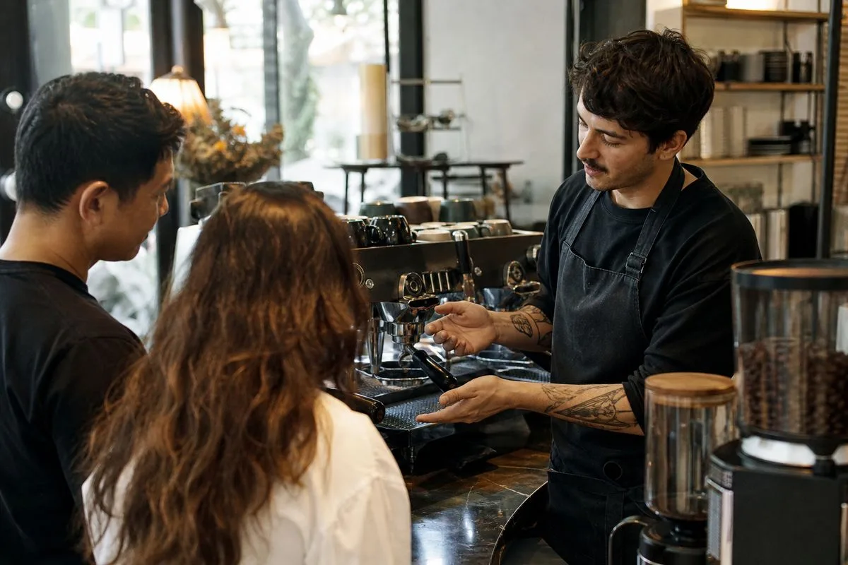 A barista demonstrating an espresso machine to customers in a coffee shop