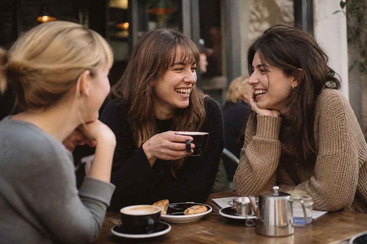 Friends laughing and sharing coffee at a cozy café table