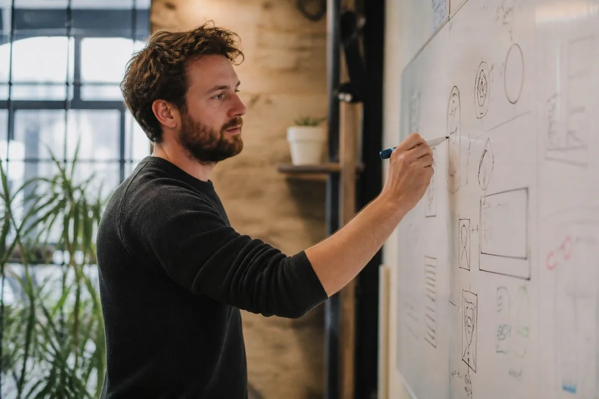 An entrepreneur sketching ideas on a whiteboard in a startup office