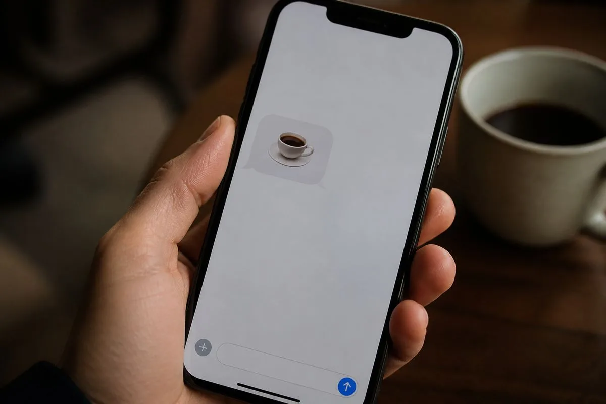 A smartphone screen displaying a coffee emoji in a messaging app.