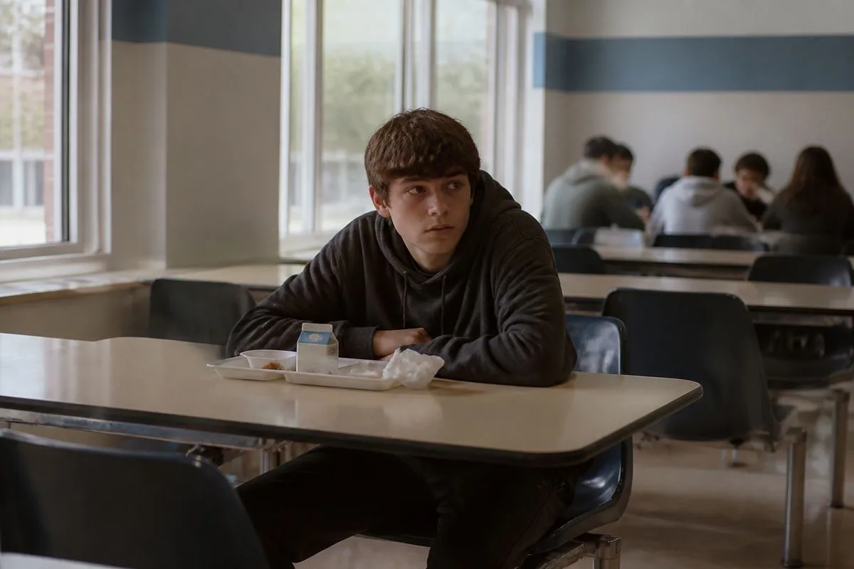 A teenage student sitting alone at a school cafeteria table