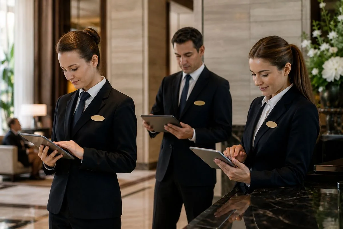 Hotel staff using tablets to manage guest services