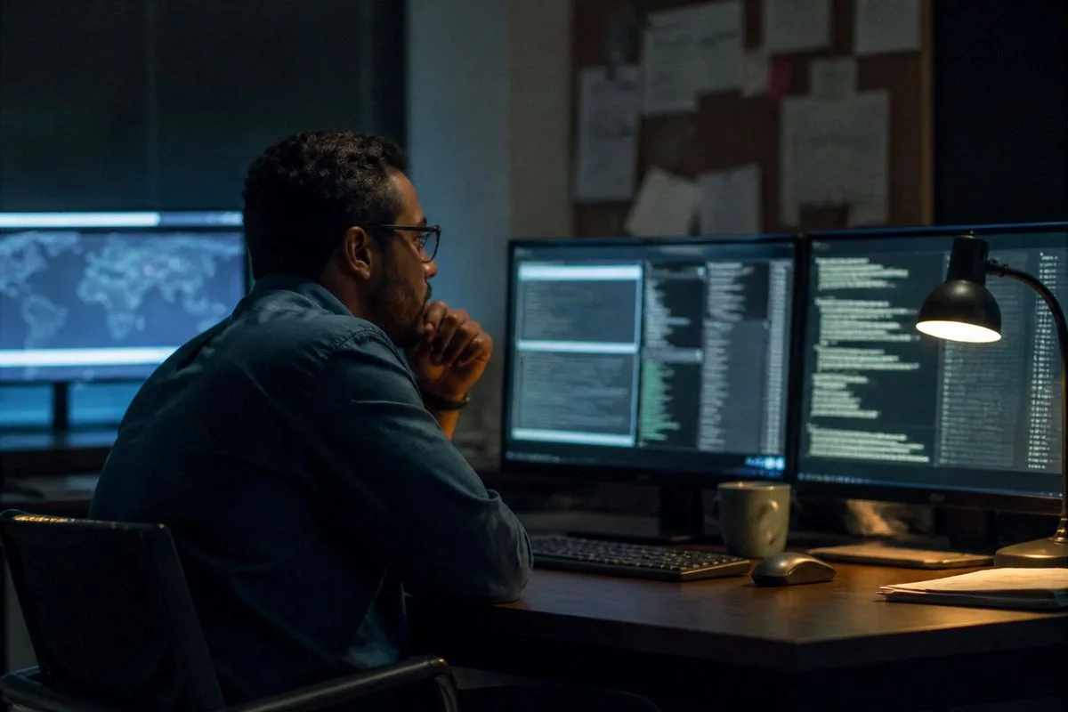 A cybersecurity analyst monitoring multiple screens in a dark office.