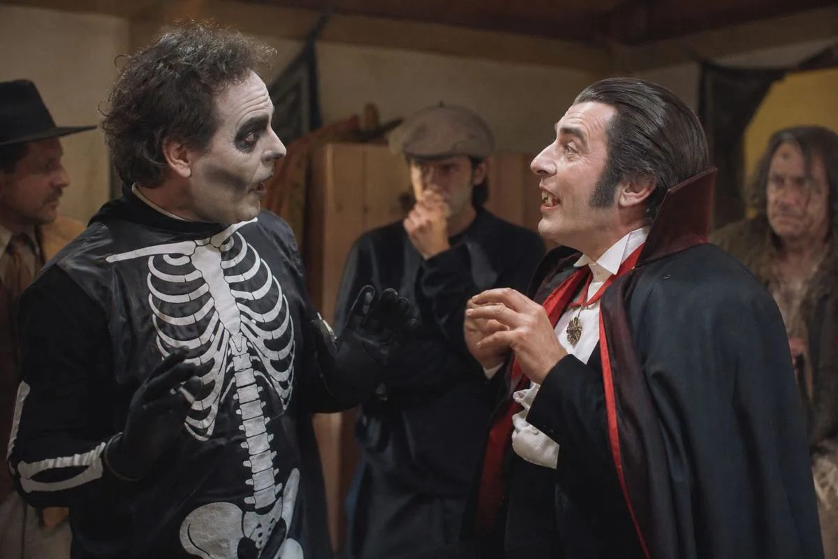 Actors filming a Halloween-themed comedy scene on set