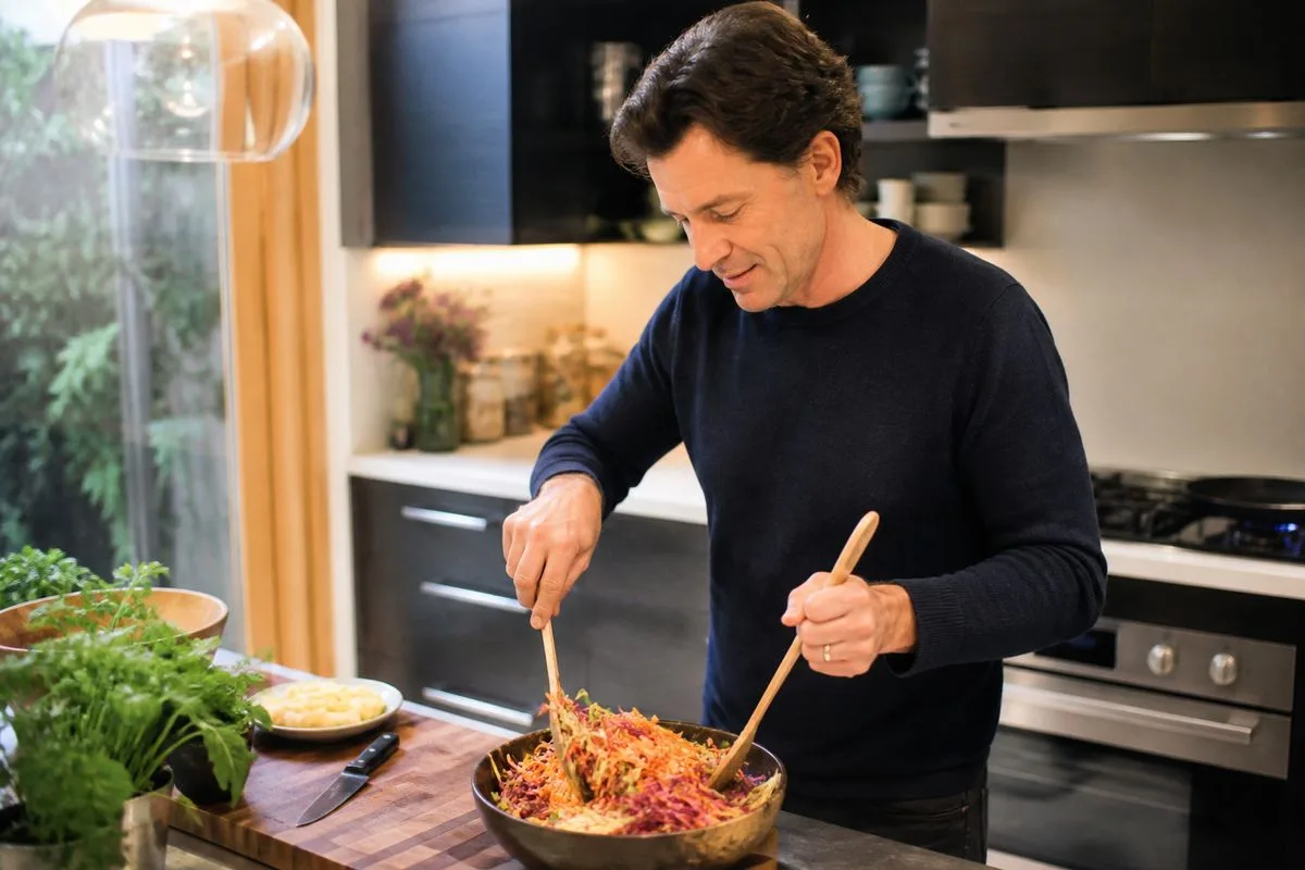 Richard Makin cooking a colorful vegan meal in a modern kitchen