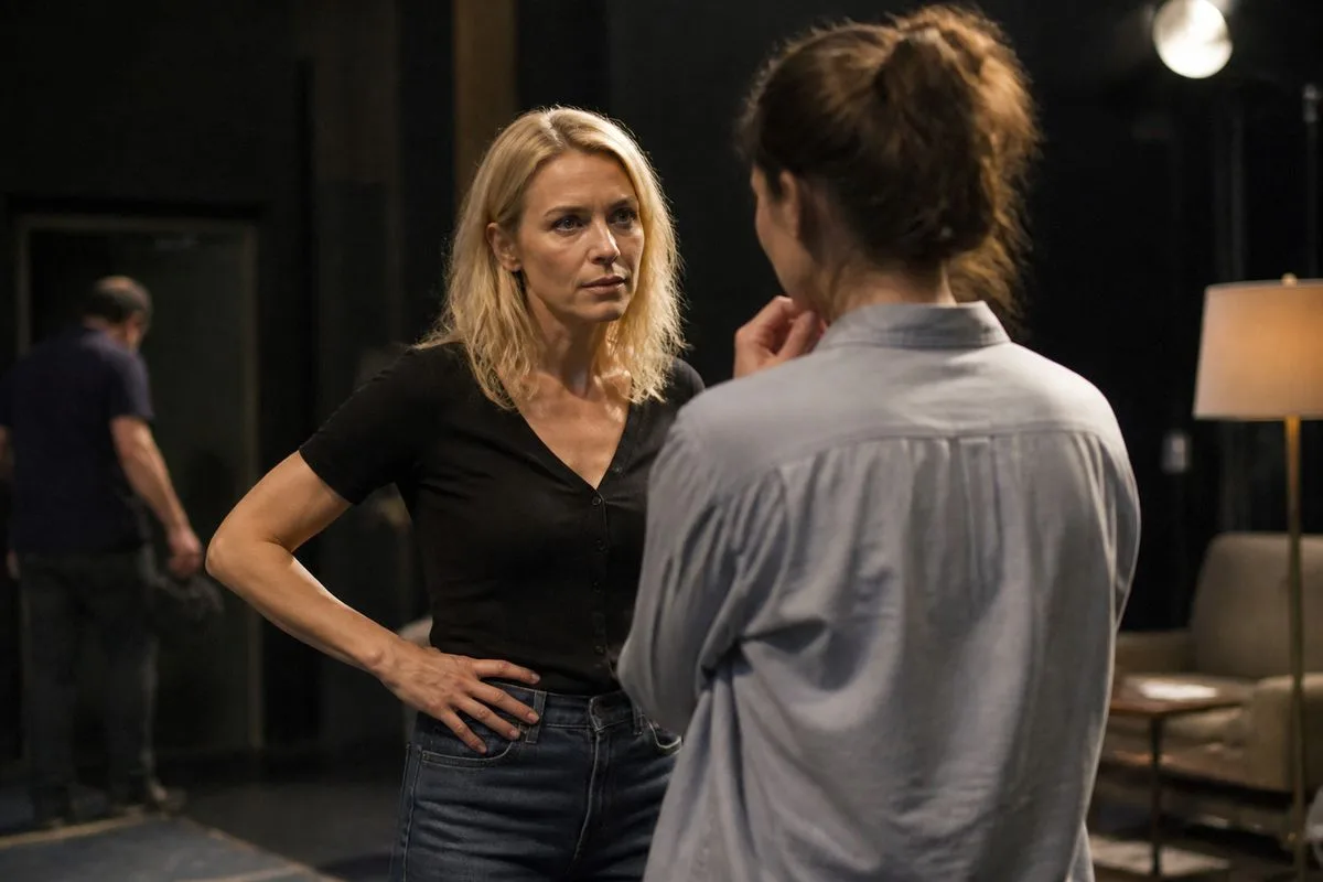 Actors rehearsing on a dimly lit television set.