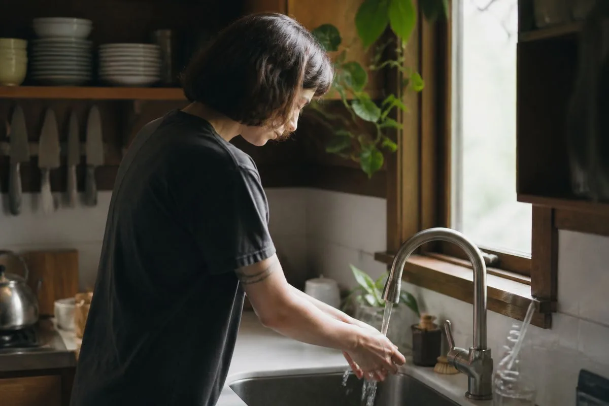 A person washing hands at a kitchen sink