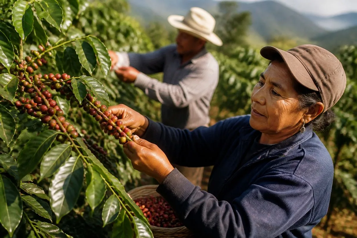 Farmers harvesting ripe coffee cherries in a sunlit field