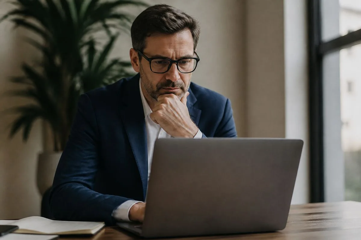 Business leader reviewing AI software options on a laptop