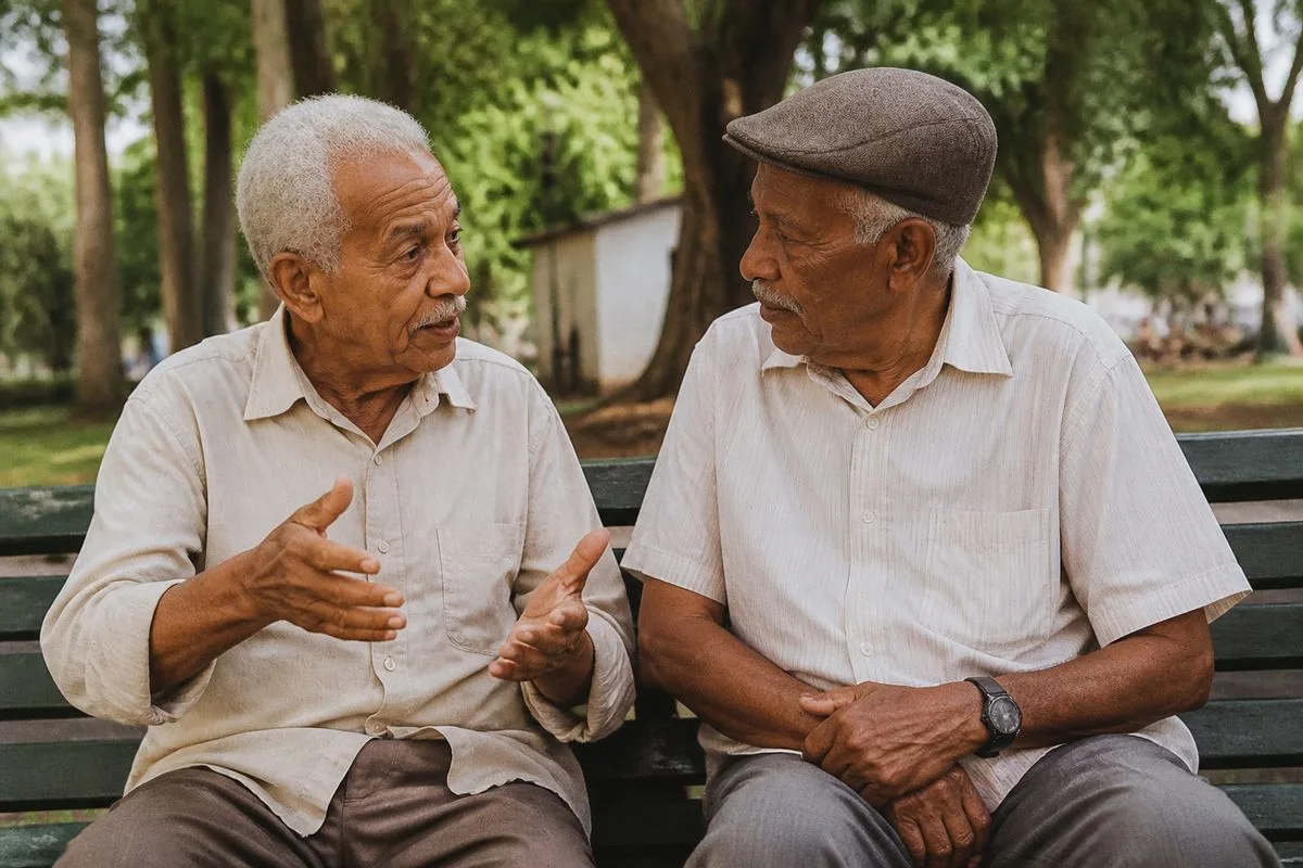 Two Brazilian elders sharing a conversation on a park bench