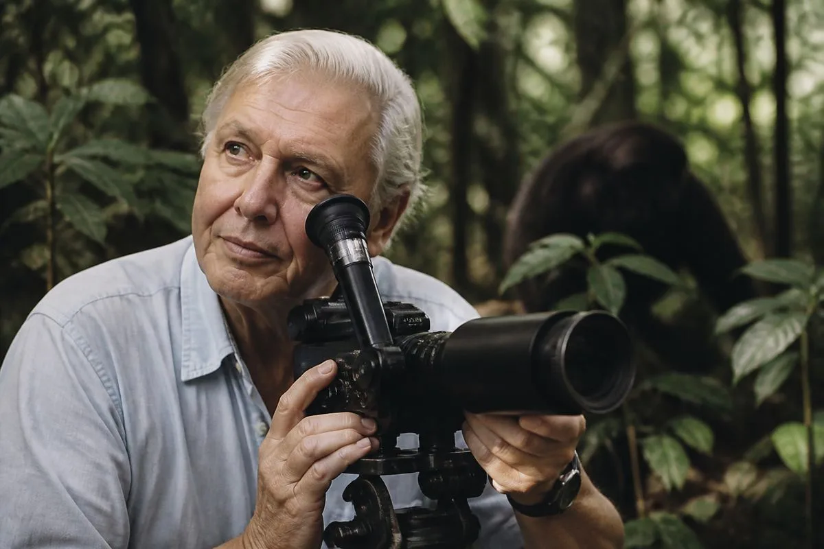 David Attenborough filming wildlife in a remote forest