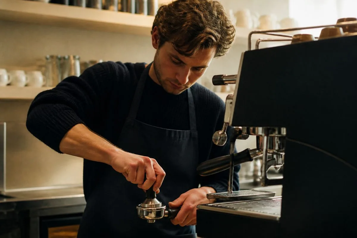 A barista carefully tamping espresso grounds in a sleek machine