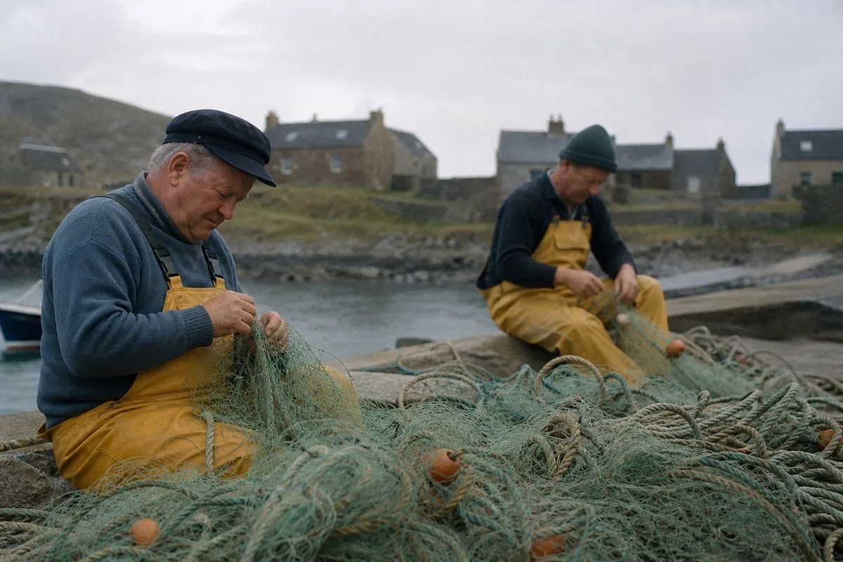 Fishermen preparing nets on a rugged Western Isles dockside.