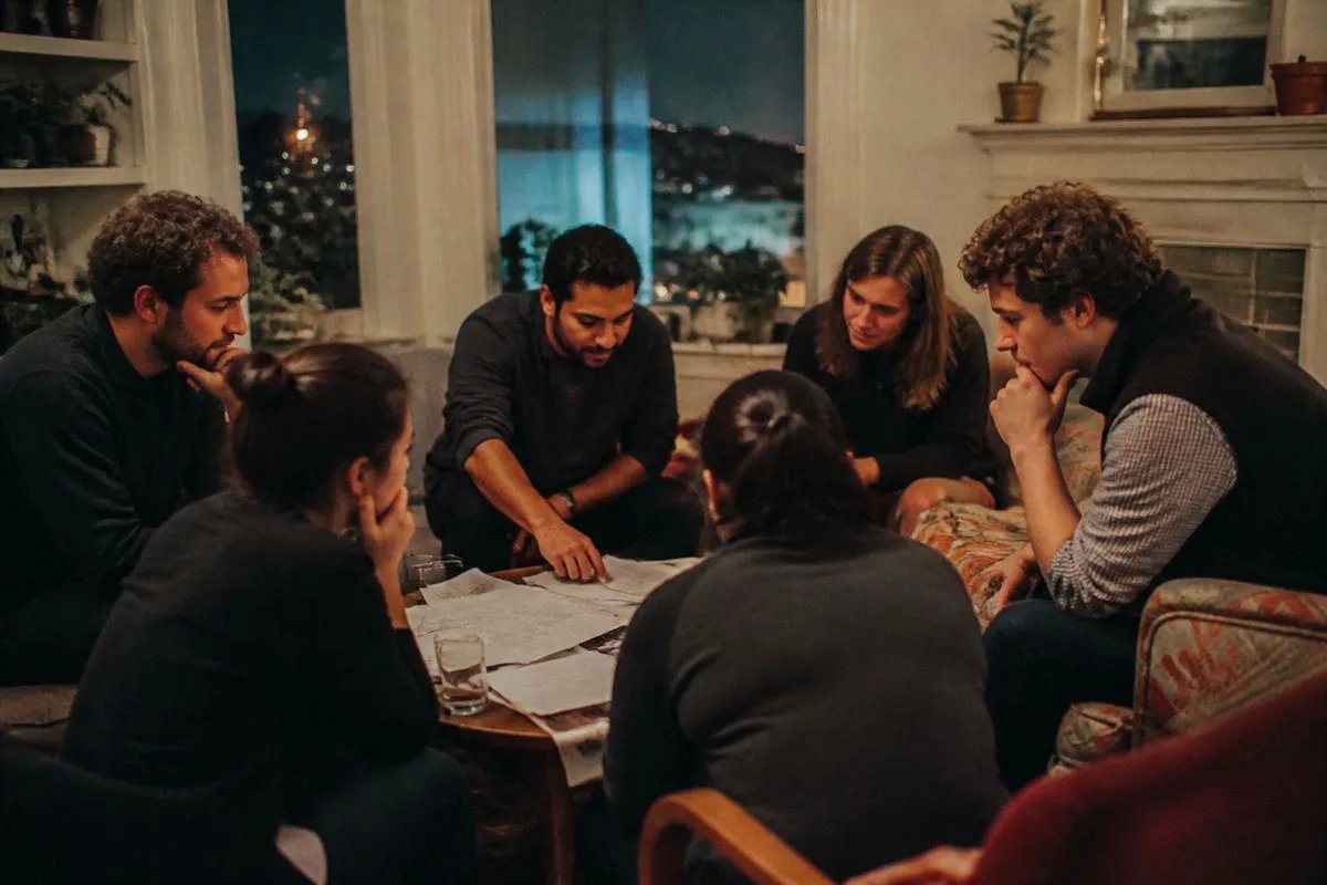 Entrepreneurs collaborating late night in a shared San Francisco house.