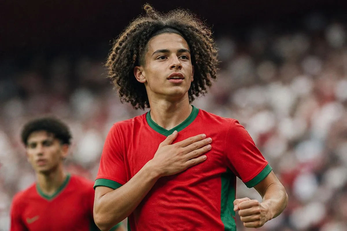 Bouaddi celebrating a goal in a Morocco national team jersey