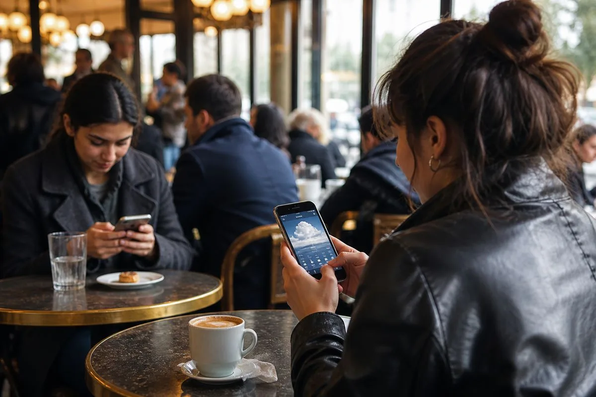 People using weather apps on smartphones in a busy café.