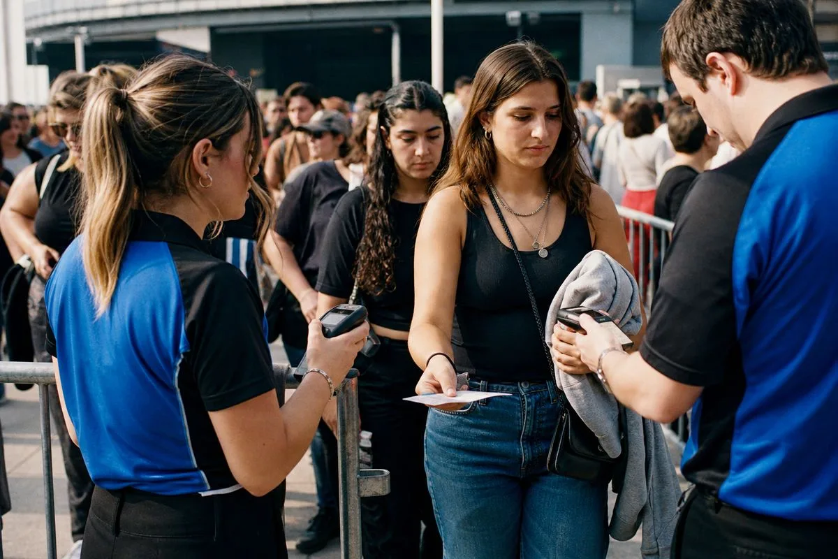 Crowded concert venue entrance with Ticketmaster staff scanning tickets