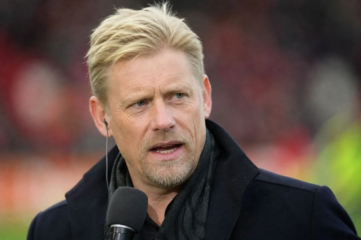 Peter Schmeichel speaking during a sports broadcast segment