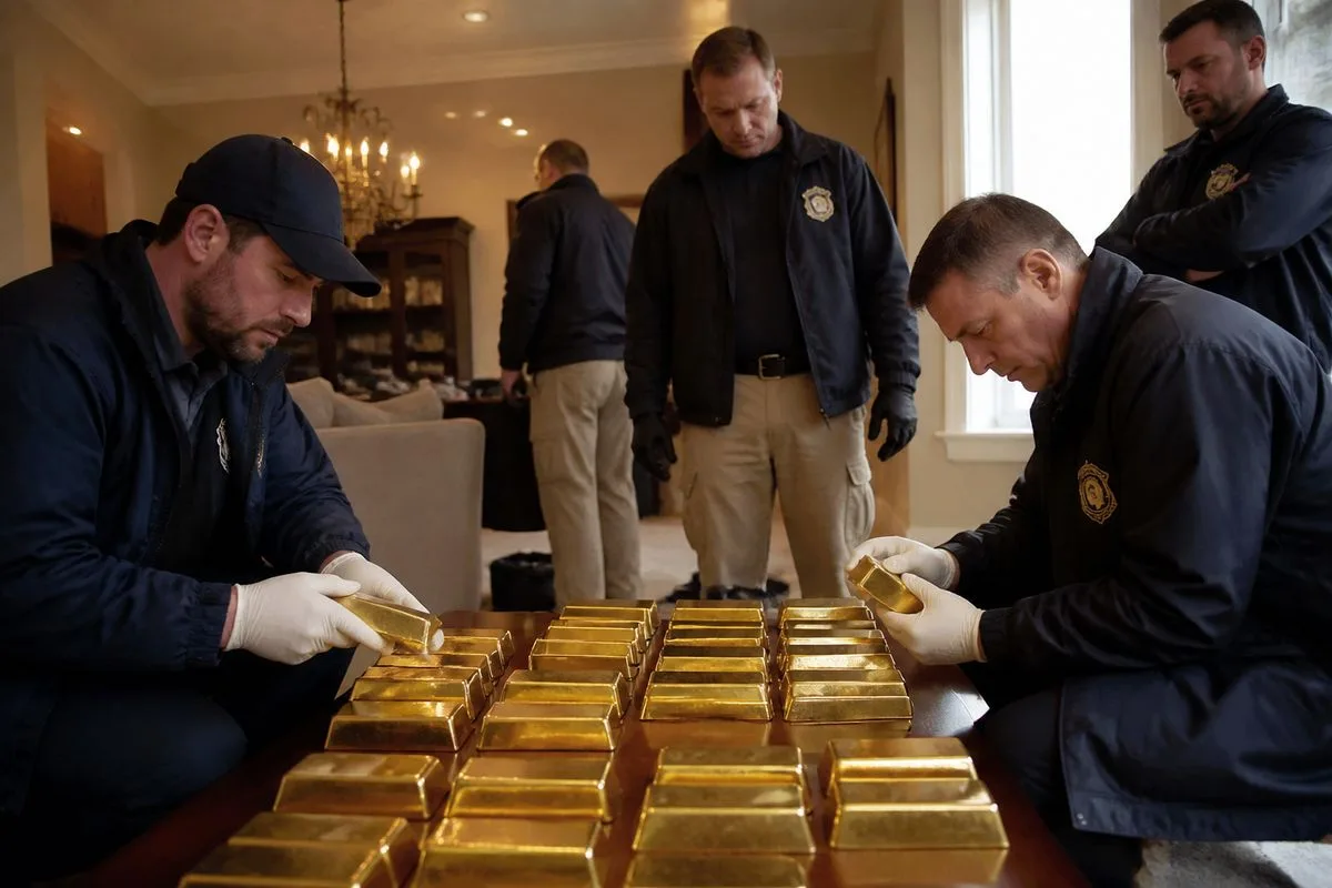 Federal agents inspecting gold bars inside a residential home