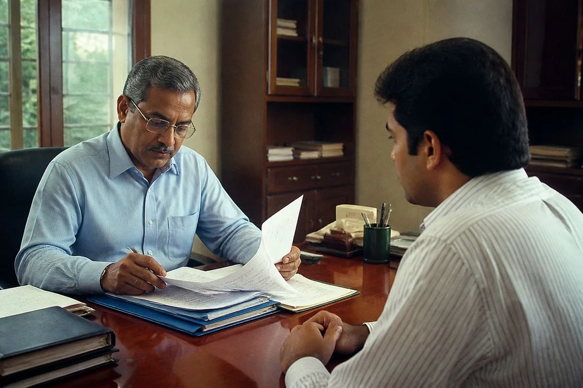 An official reviewing documents with an entrepreneur in an office.