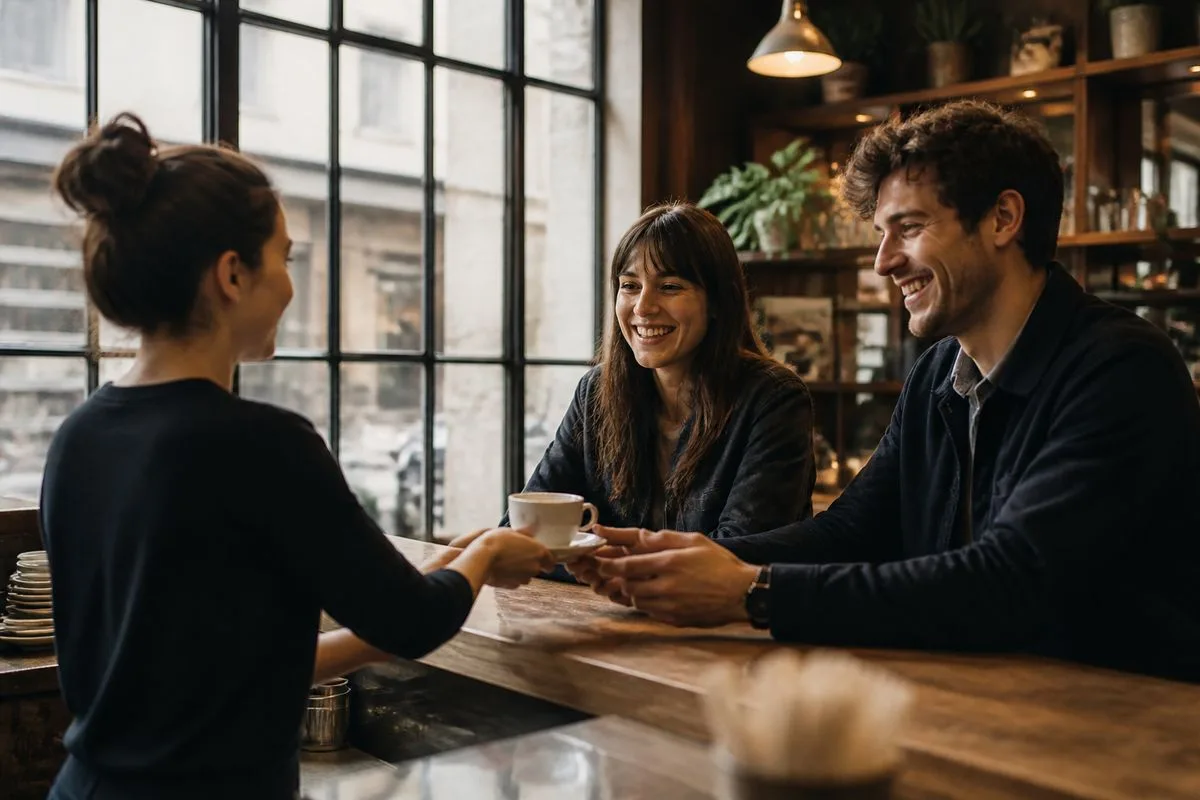 Barista serving coffee to smiling customers in café