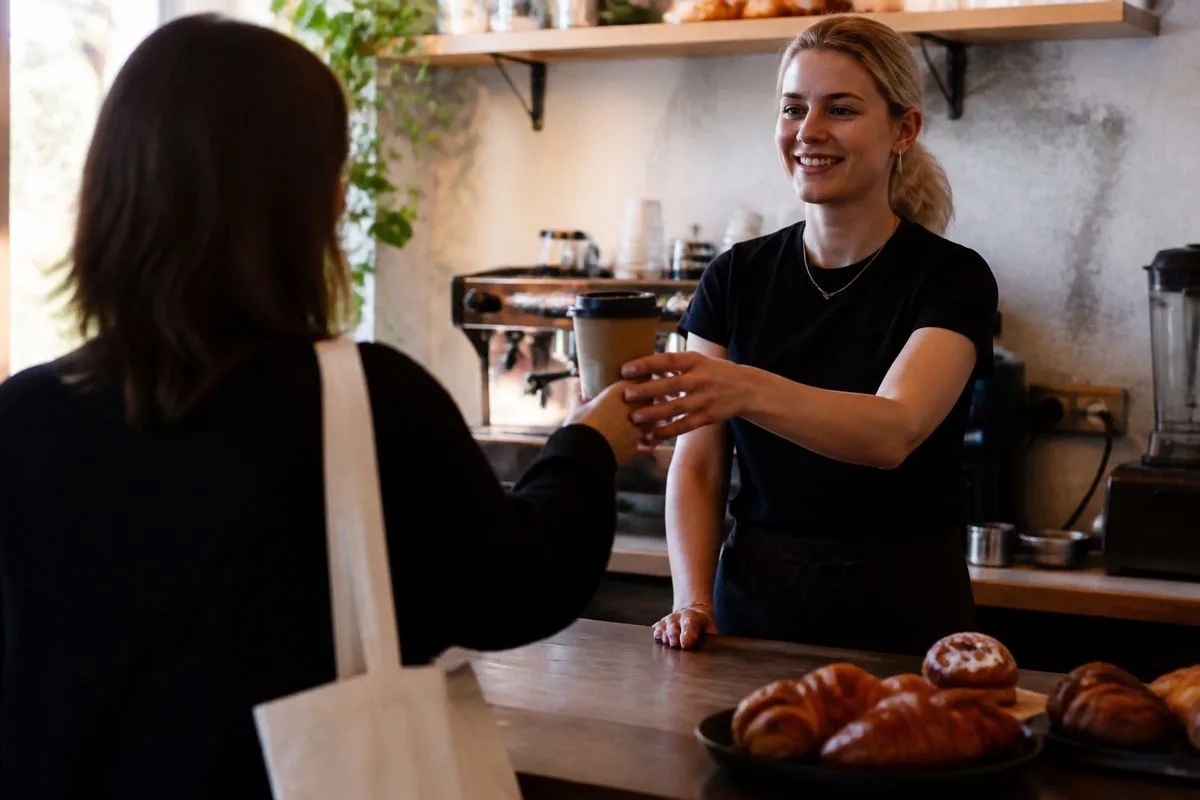 Barista handing a takeaway coffee to a customer in line