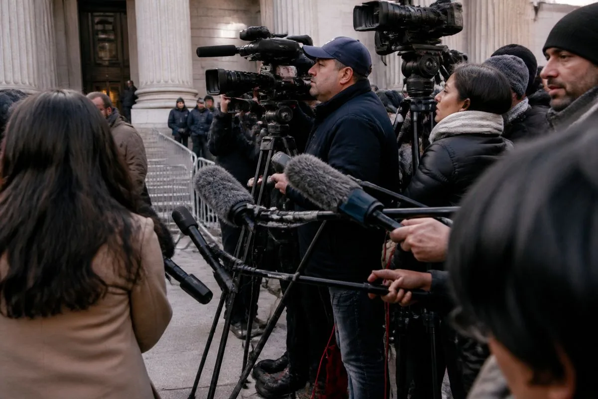 Journalists gathered outside a courthouse with cameras and microphones.