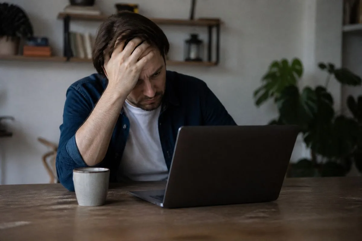 A frustrated user facing a blocked website error on laptop.