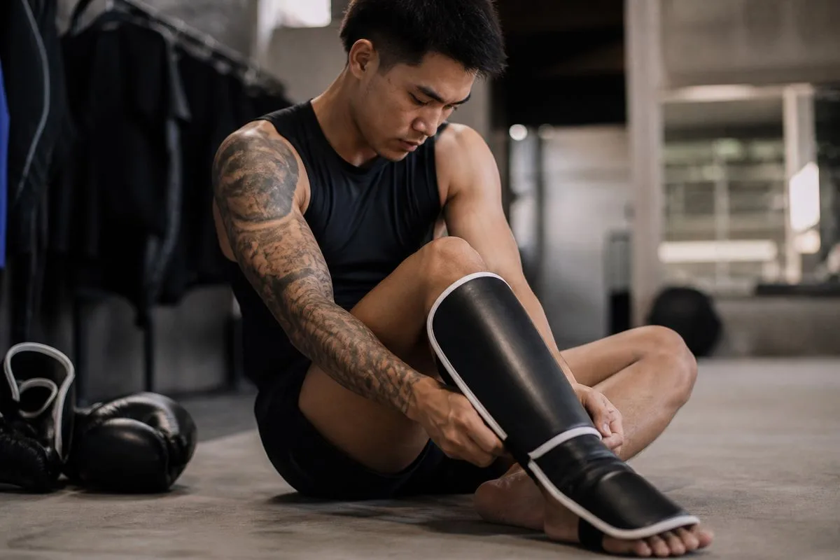 A fighter lacing up shin guards before sparring session