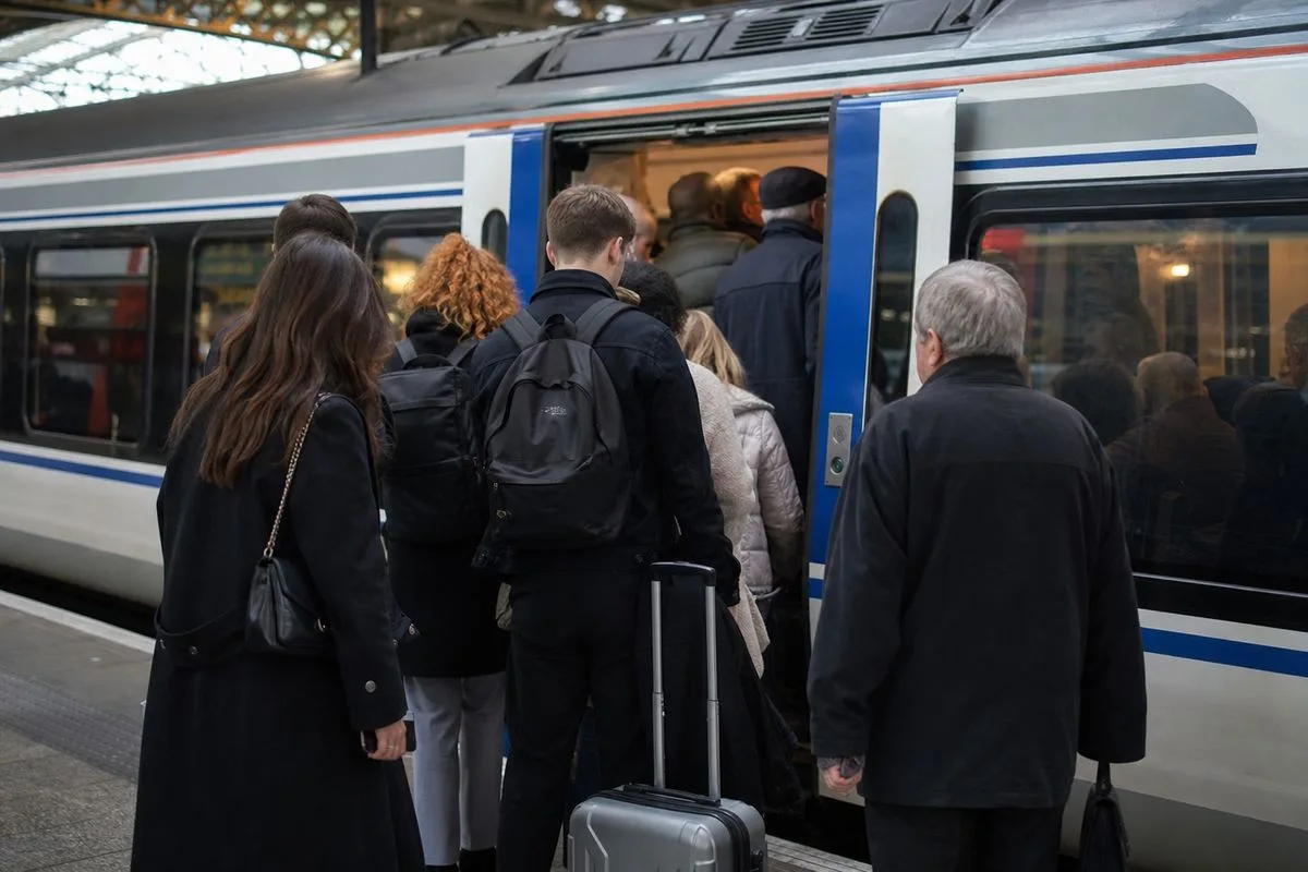 Passengers boarding a crowded Chiltern Railways train at Birmingham station