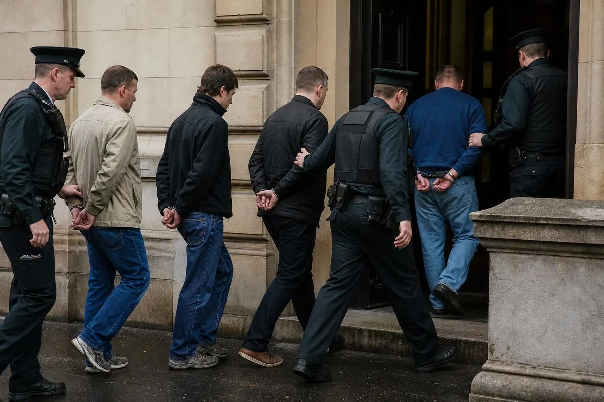 Police officers escort four men into Belfast Crown Court building