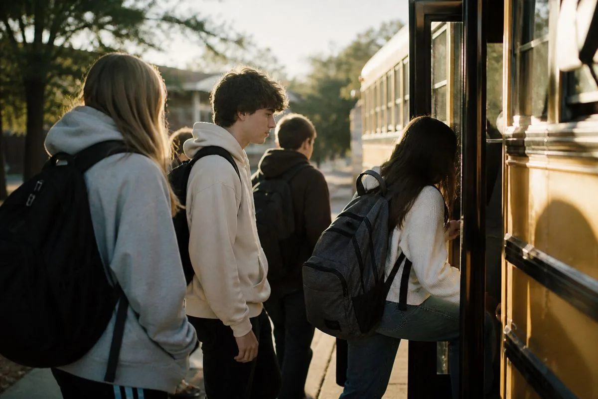 High school students boarding a CTEC morning bus.
