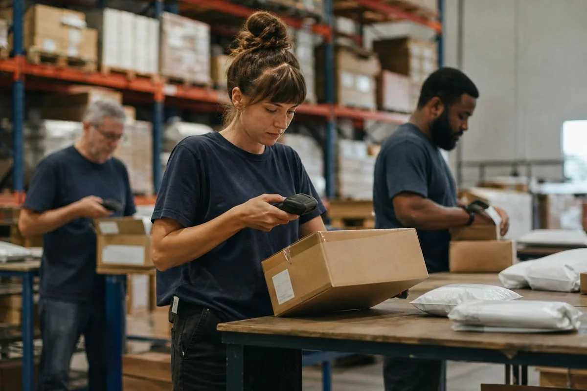 Warehouse workers scanning packages for shipment accuracy