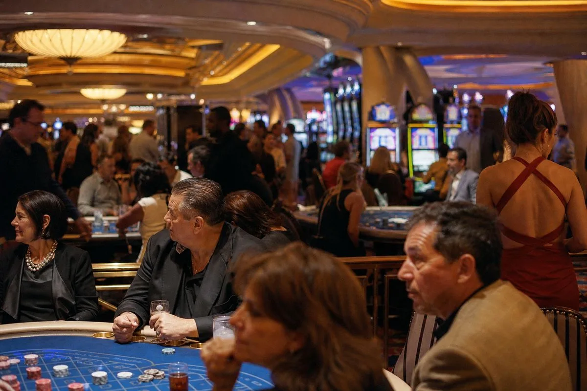 A bustling casino floor with diverse gaming tables and slot machines