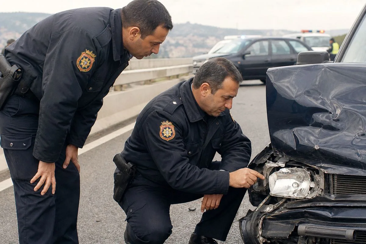 Spanish police officers examining a vehicle at a collision scene