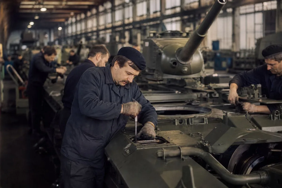 Workers assembling military equipment in a factory line