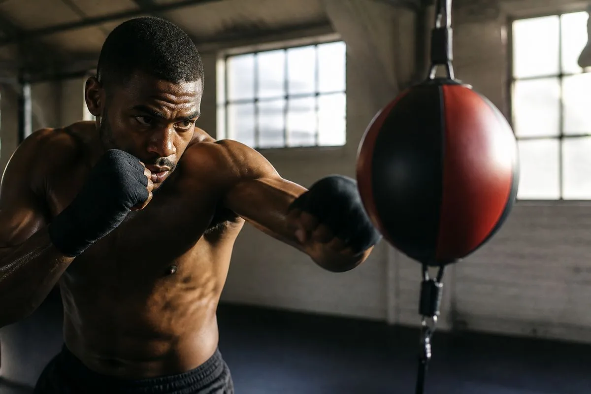 A fighter training with a double end reflex punching bag