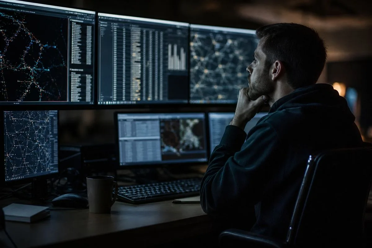 A cybersecurity analyst monitoring multiple screens in a dark office