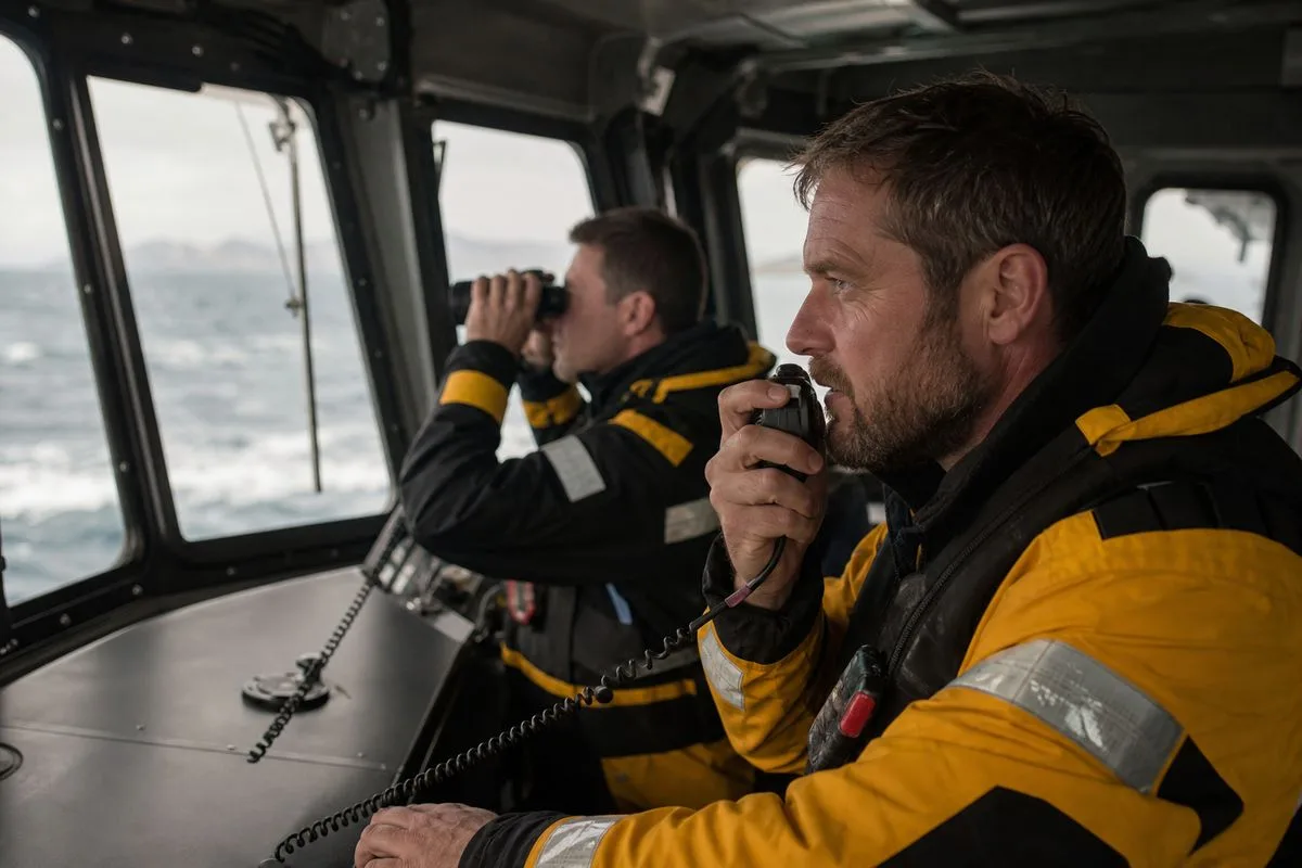 Coastguard officers coordinating rescue efforts by radio.