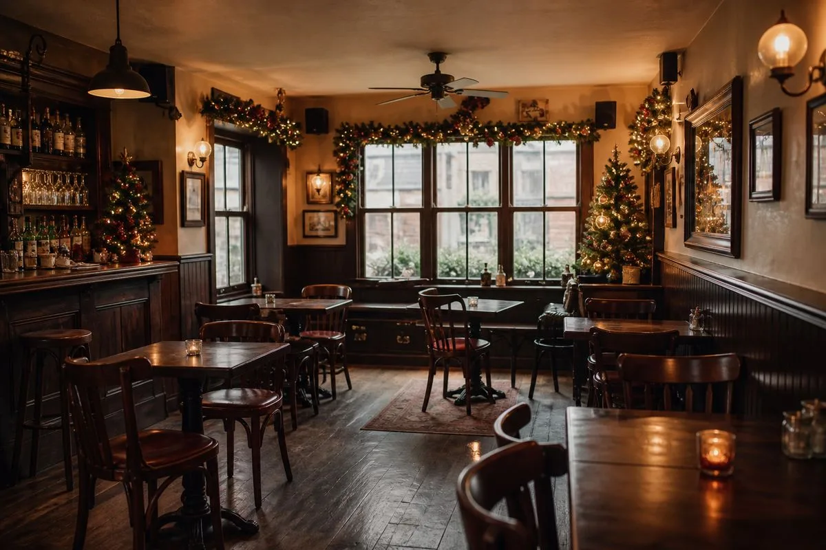 A cozy pub decorated for Christmas with empty tables