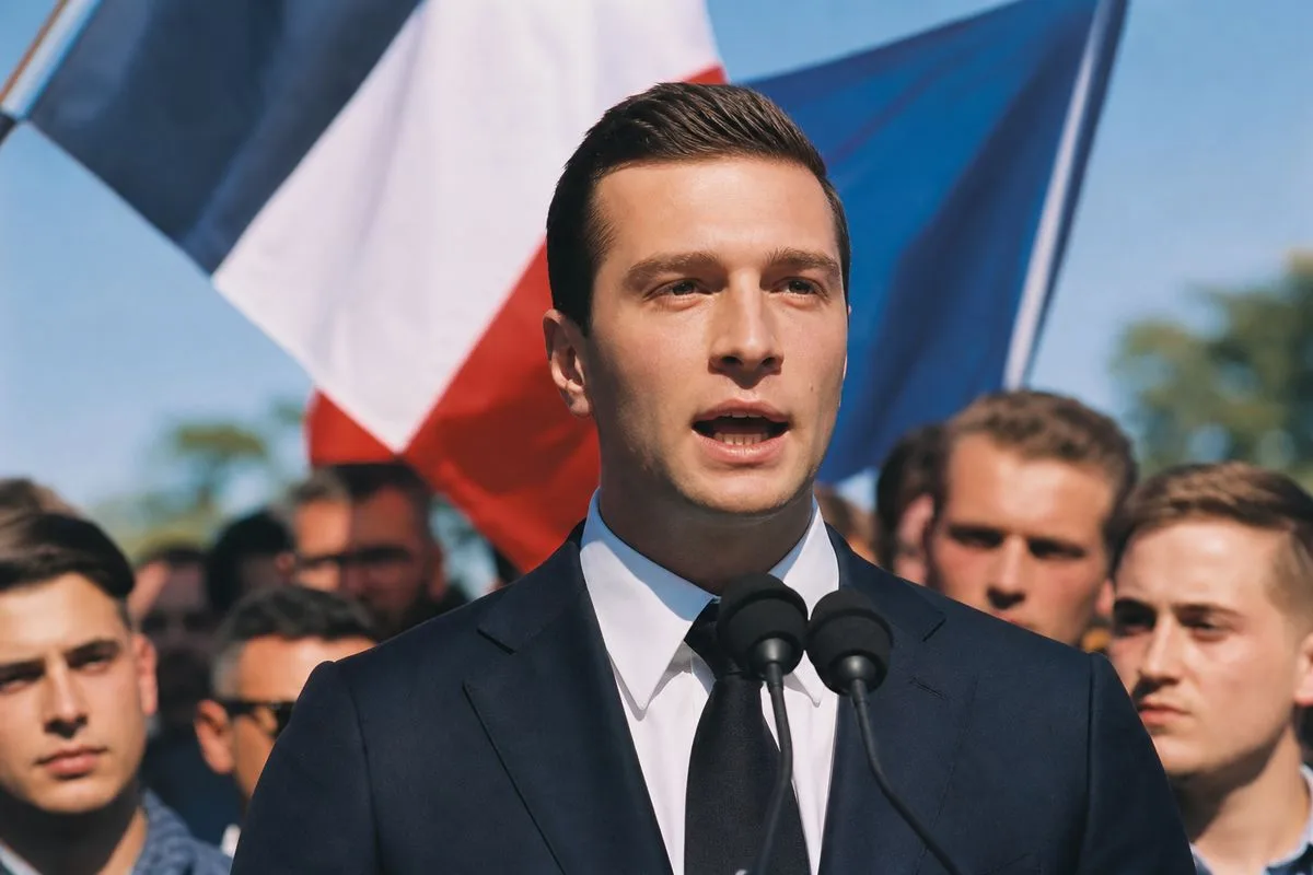 Jordan Bardella speaking at a political rally with supporters