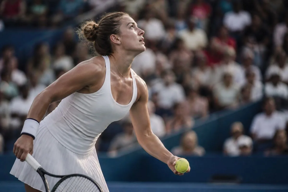 A tense tennis player preparing to serve during a Wuhan match