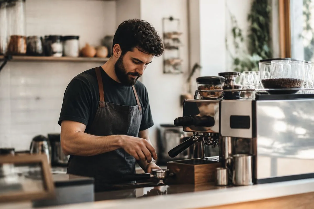 A barista preparing single origin espresso in a cozy café.