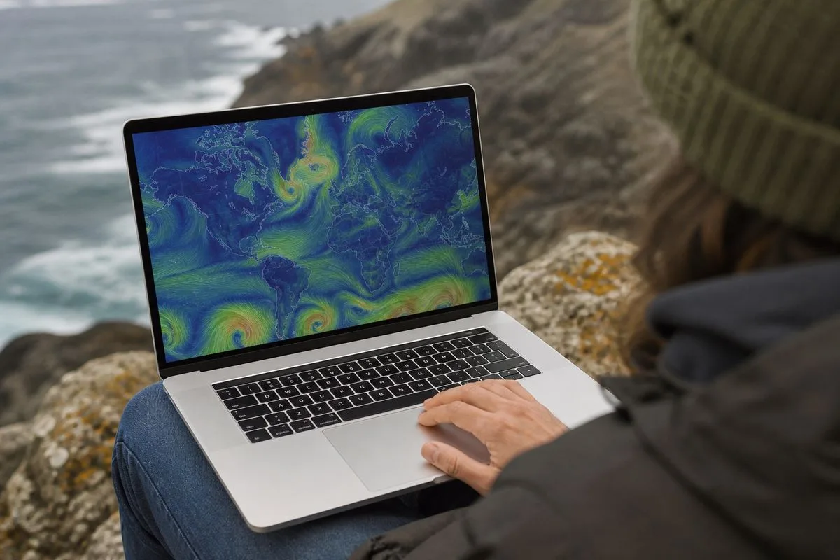 A user viewing a detailed global wind map on a laptop outdoors