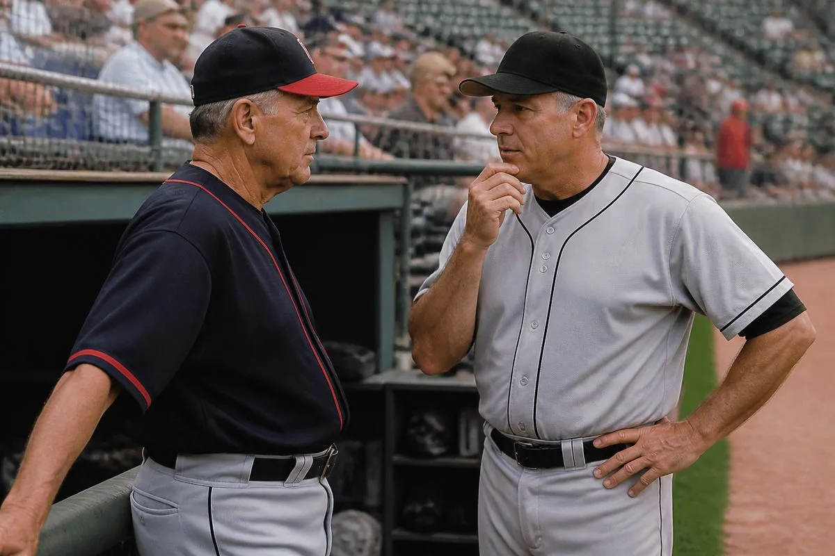 Two baseball managers discussing strategy near the dugout