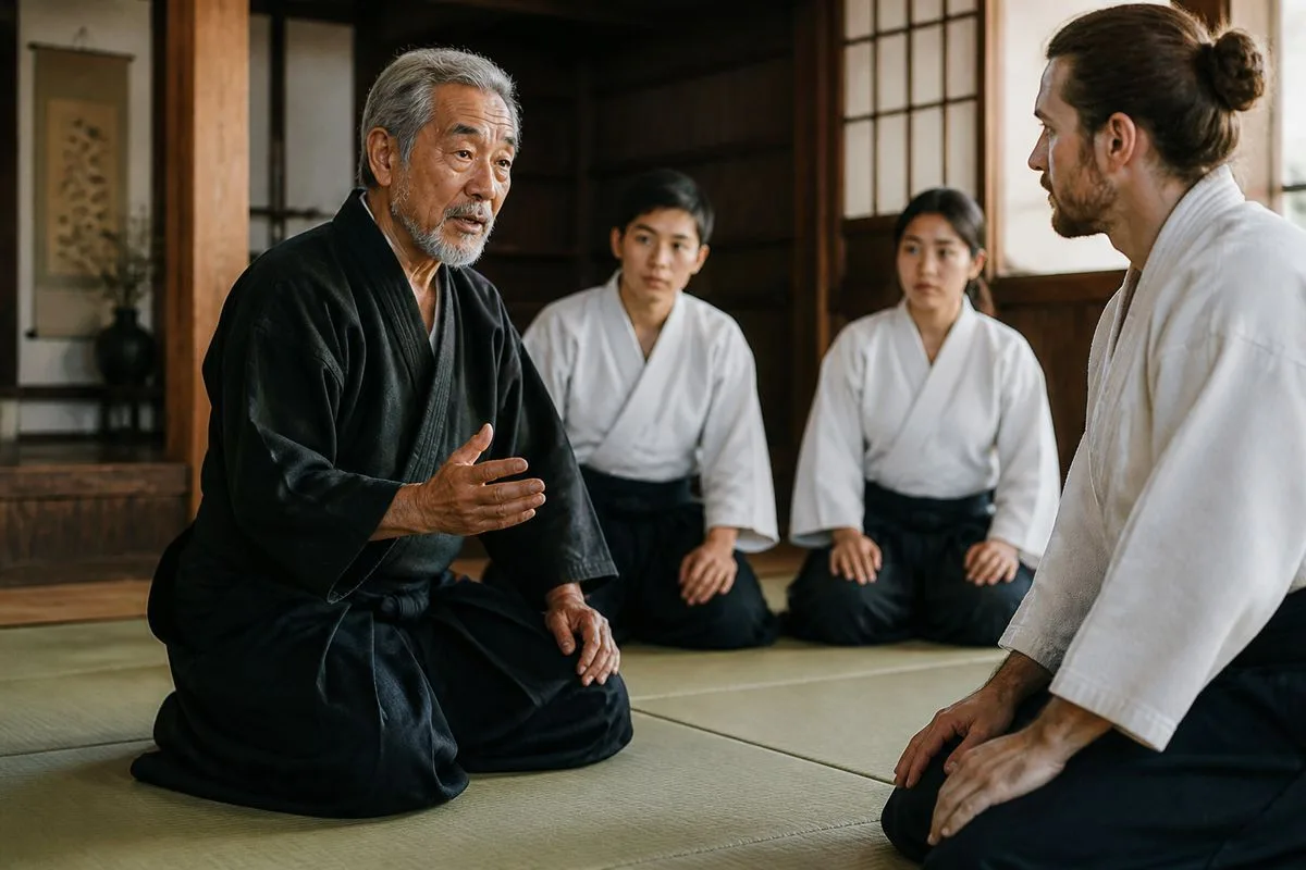 A martial arts master teaching students in a traditional dojo